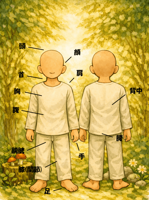 からだの部位が示された森の案内図。葉のマークを押すと部位を選べます。